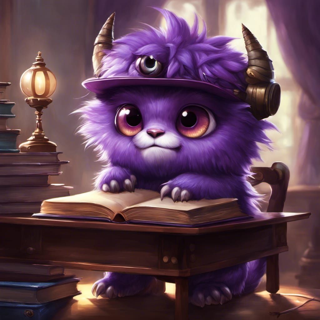 Cute Purple Monster Student at Desk