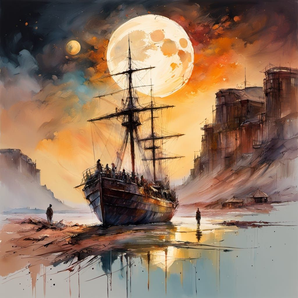 Ship in Desert: Impressionist Gouache Painting