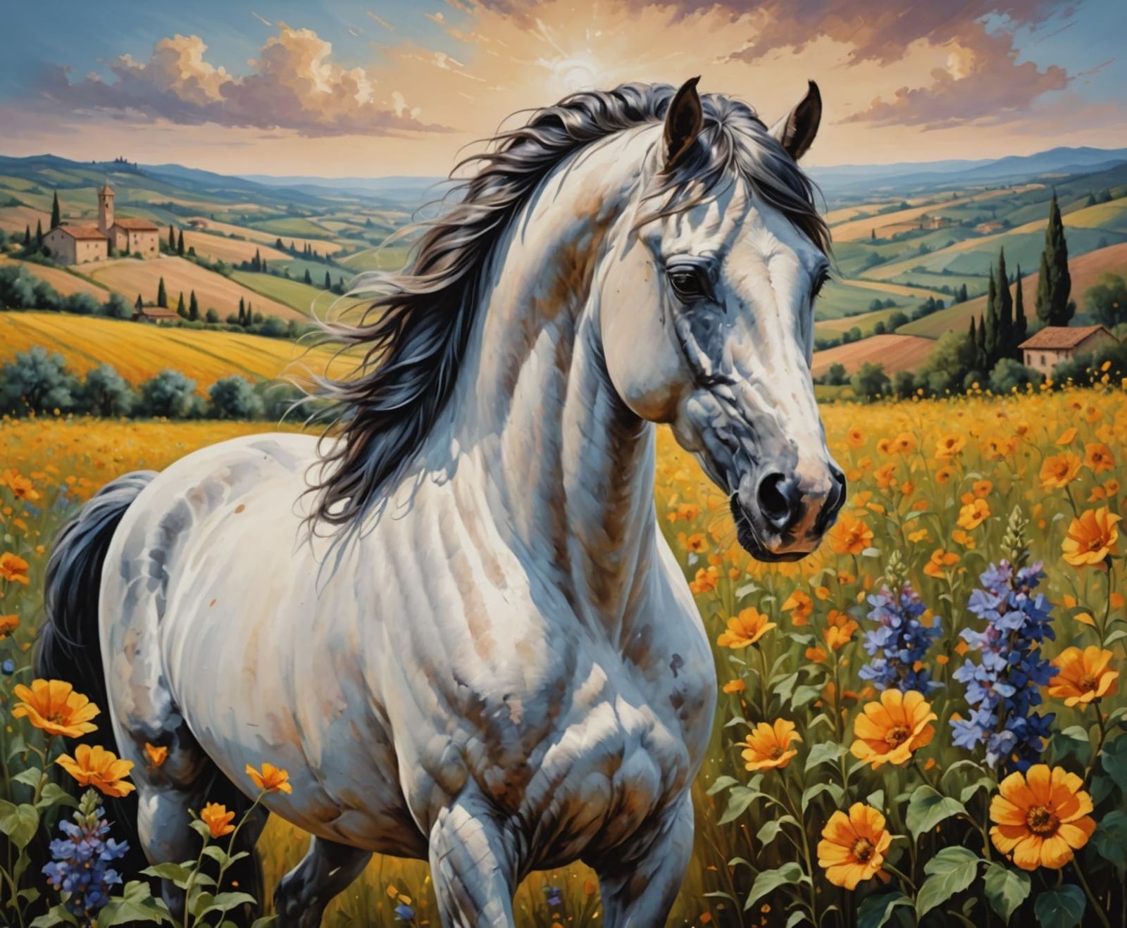 Stallion in Tuscan Bloom, Hyperrealistic Painting