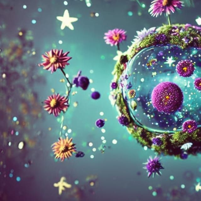 Planetary Flower Sculpture in Space with Crystals