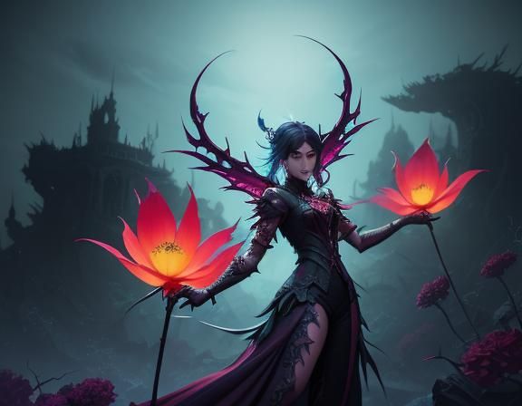 Demon Flowers Feast on Fairies: A Vibrant Digital Painting
