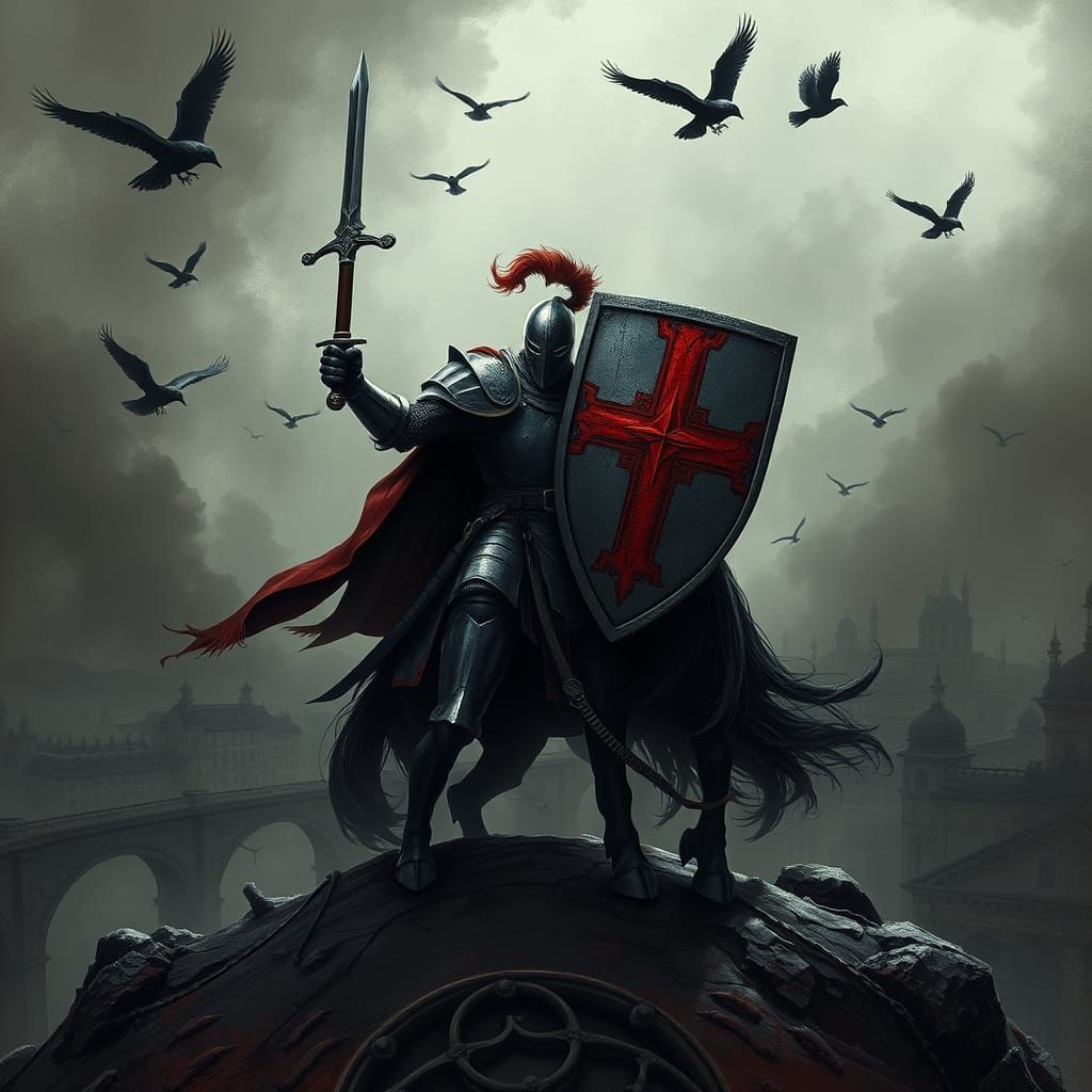 Dark Fantasy Knight Stands Vigilant Over Foreboding City in ...