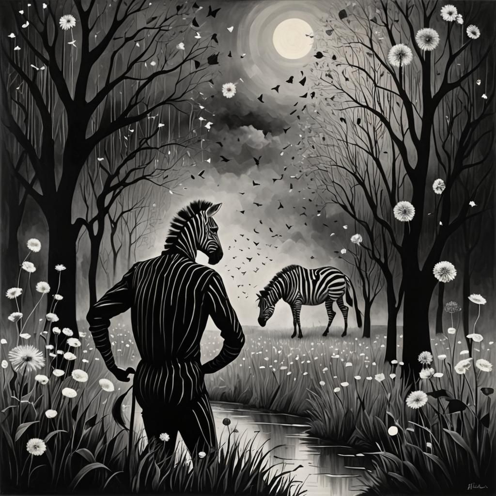 Zebra in Surreal Dandelion Dreamscape, Grayscale Art