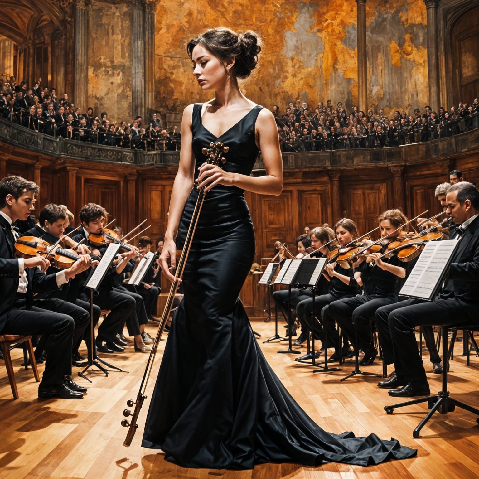 A Violinist Performs with Orchestra in a Vibrant Classical S...