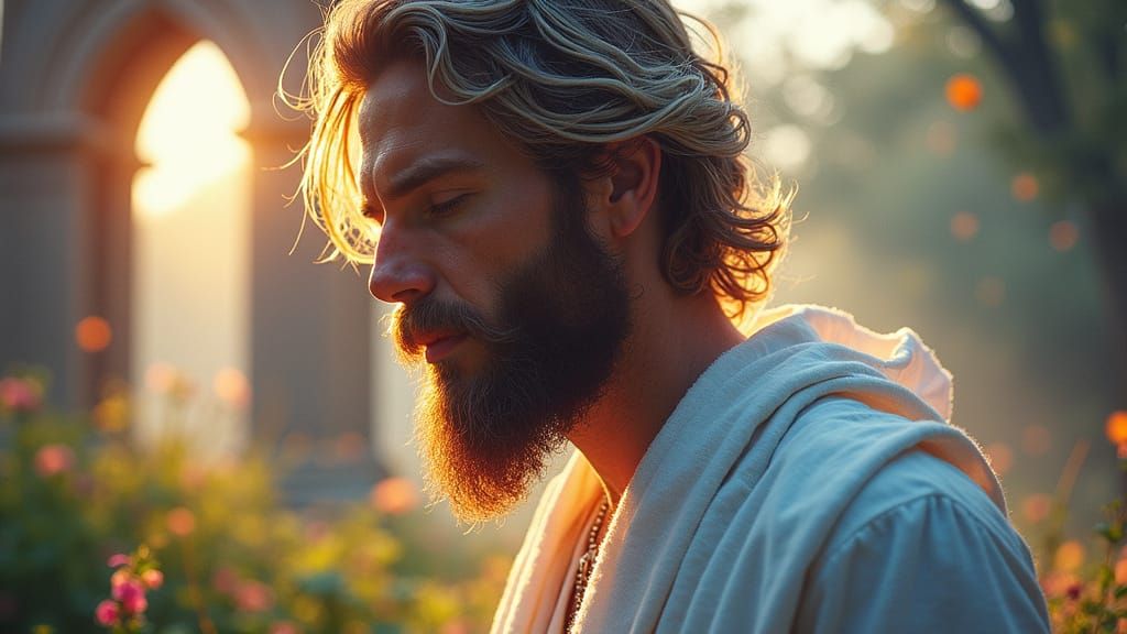 Spiritual Master Radiates Peace in a Vibrant Spring Meadow