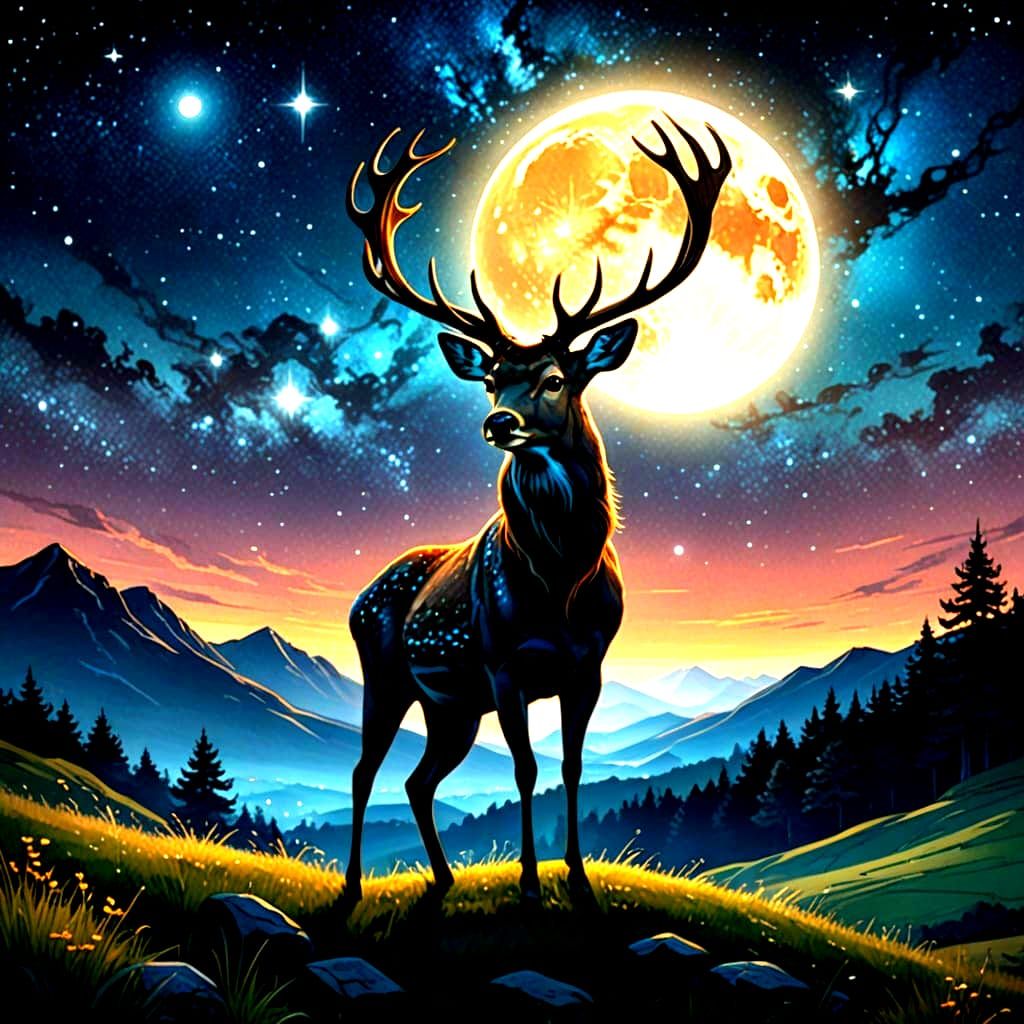 Glowing Stag Under Moonlight in Art Nouveau Style