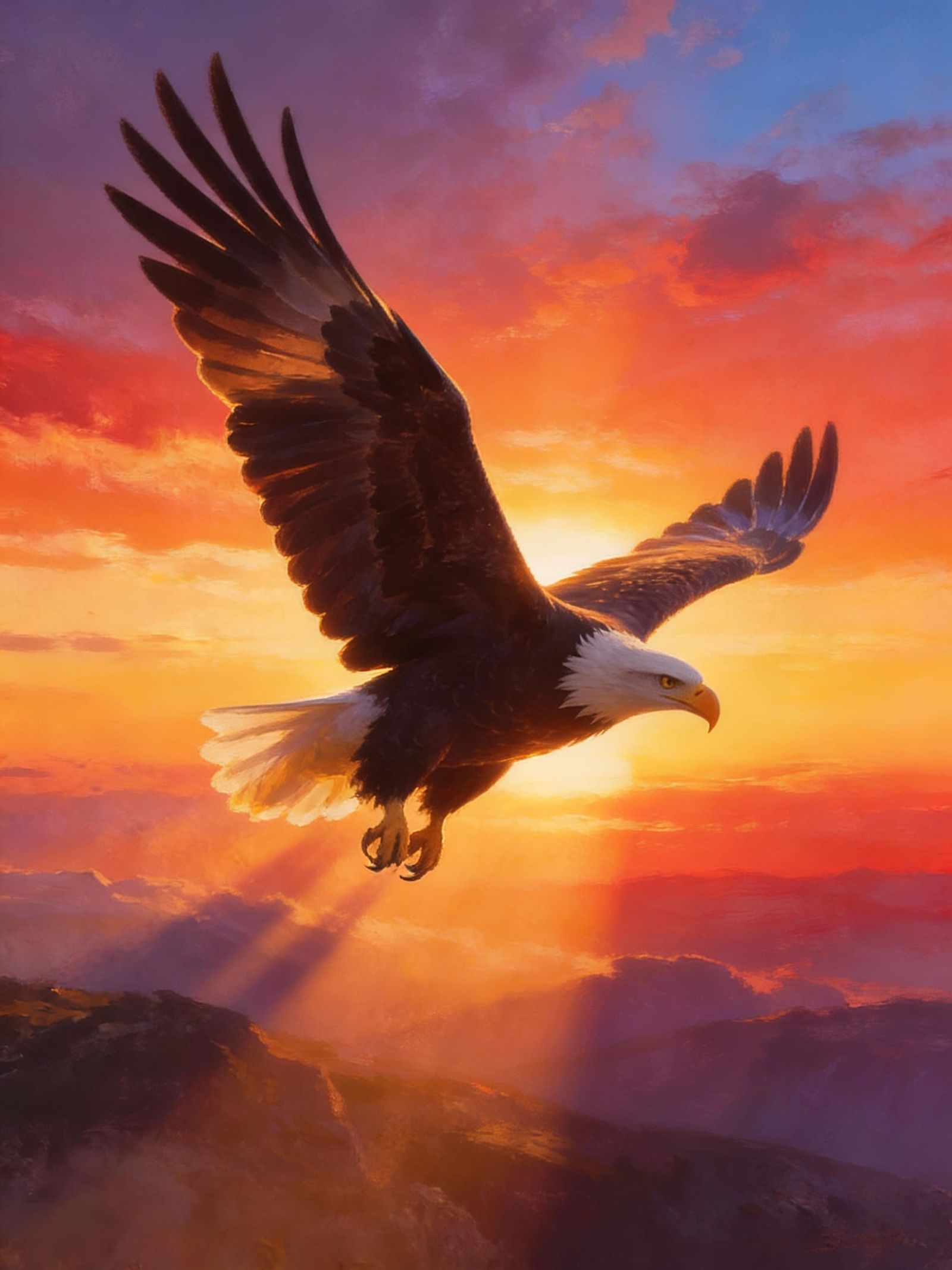 Majestic Eagle Soaring Through Vibrant Sunset Sky