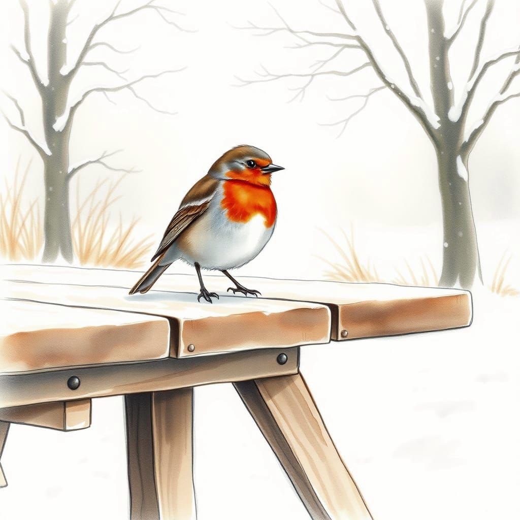 Robin on Winter Picnic Table in Pencil Sketch Watercolour