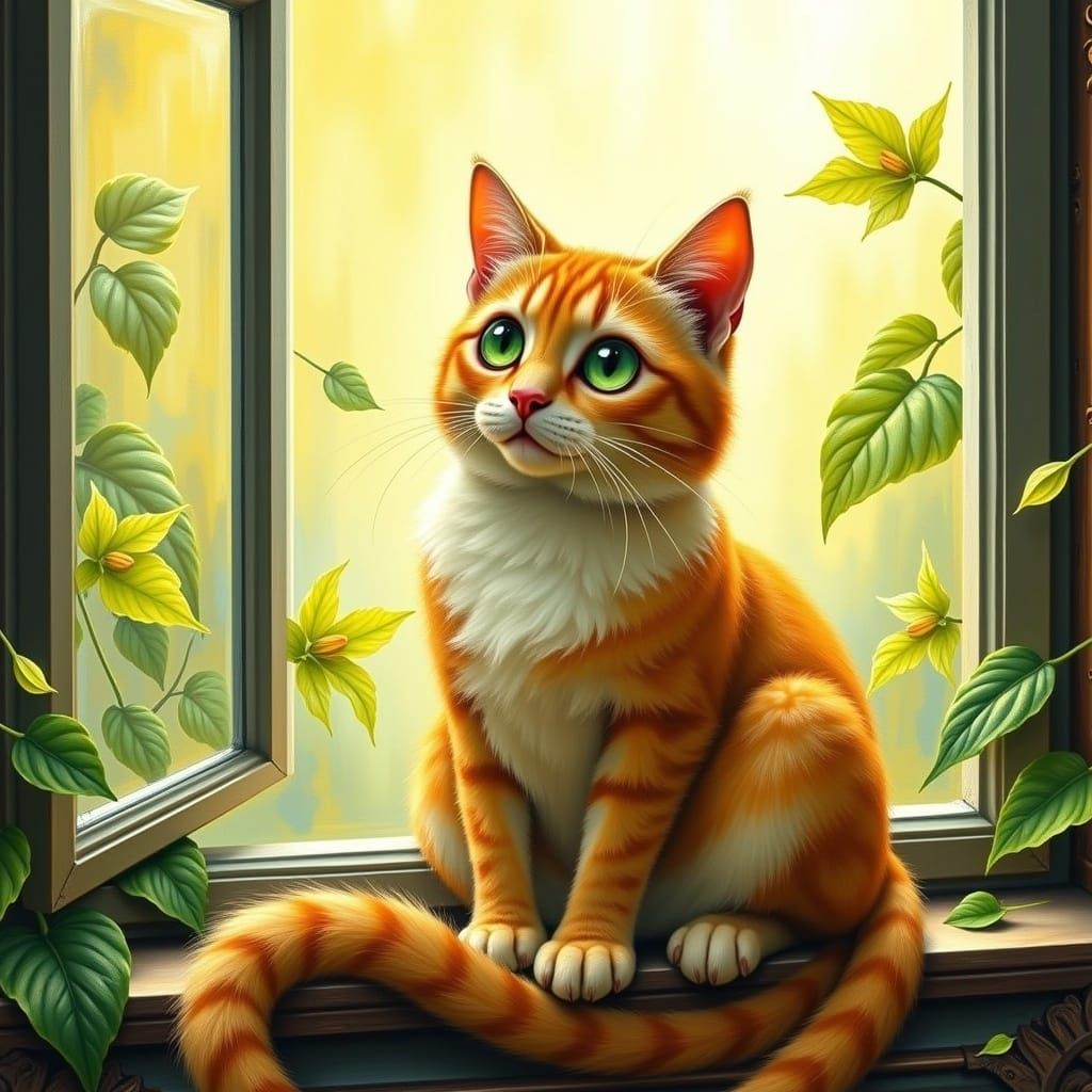 Whiskered Cat in Sunny Window, Pop Surrealist Illustration