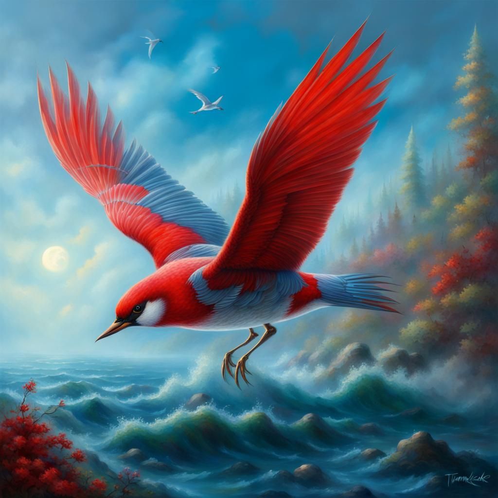 Red Bird in Flight Over Blue Sea