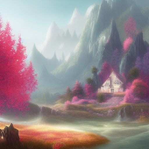 Enchanted Treehouse with Pink Leaves, Fantasy Art