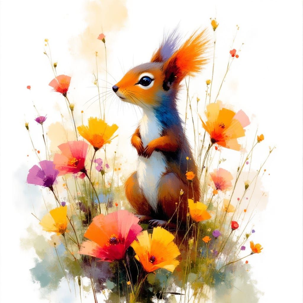 Surreal Squirrel in Whimsical Floral Wonderland