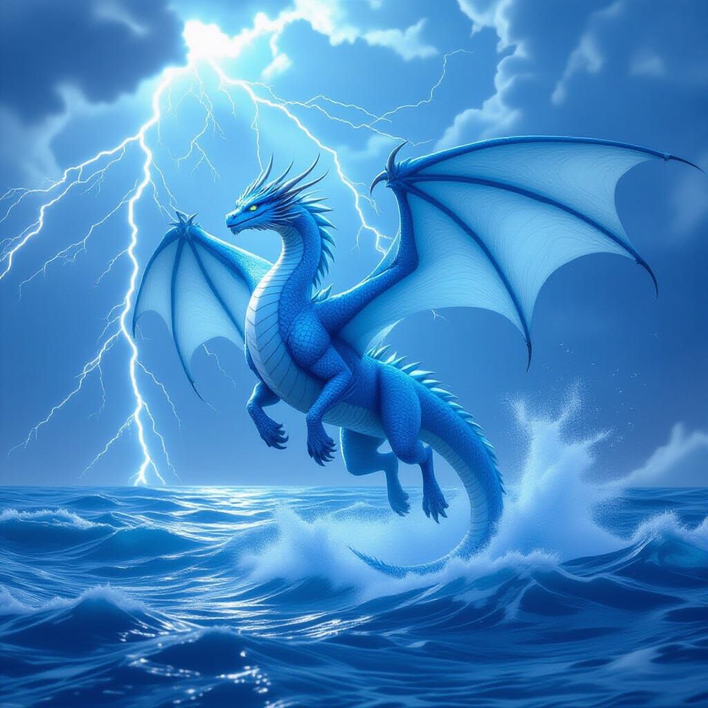 Blue Dragon Ascends Over Stormy Ocean in Matte Painting Styl...