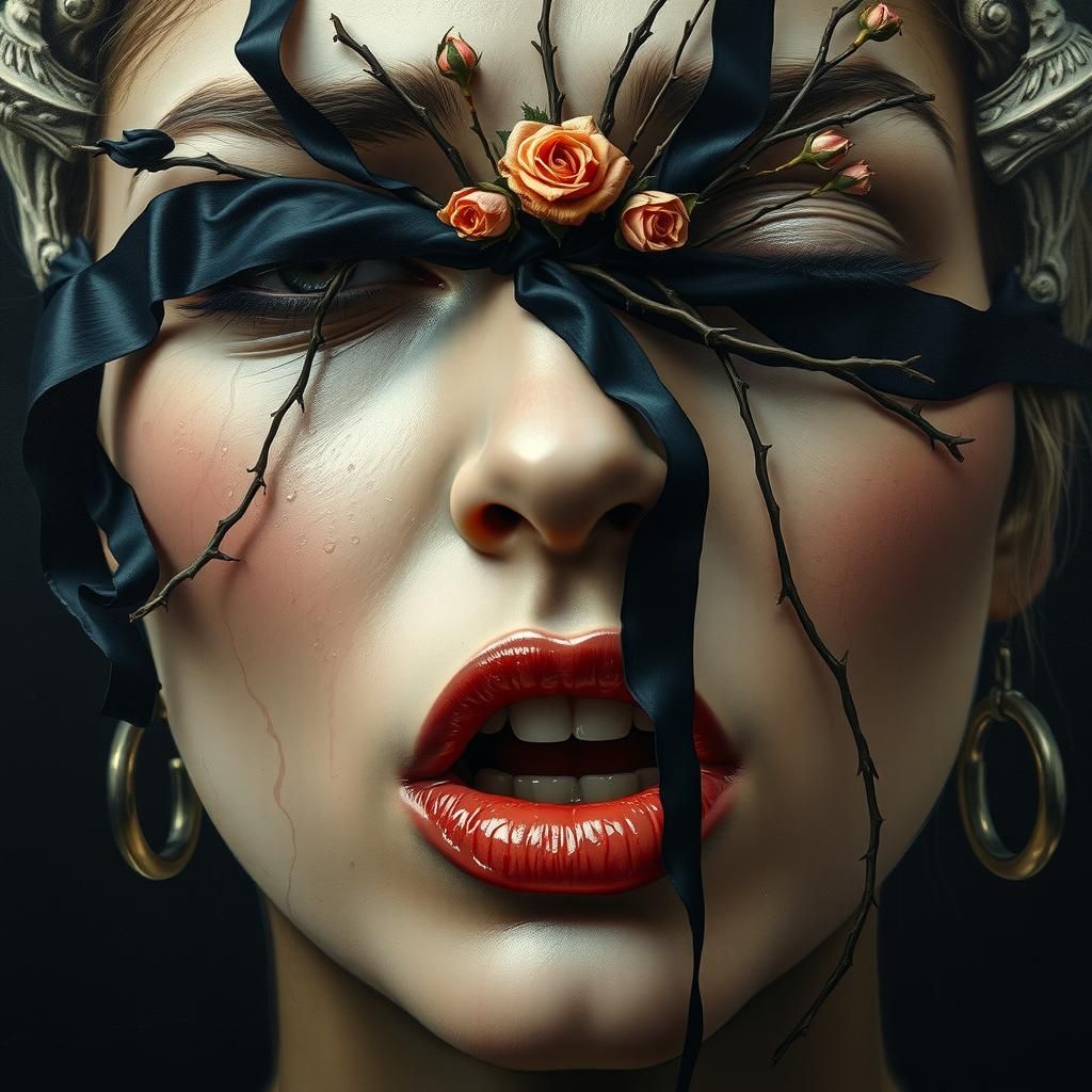 Tormented Woman Portrait with Roses and Ribbons