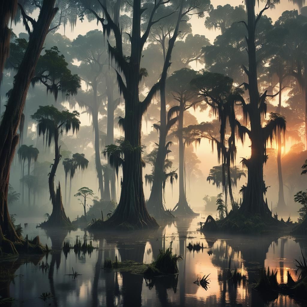 Misty Bayou Swamp at Sunset in Atmospheric Style