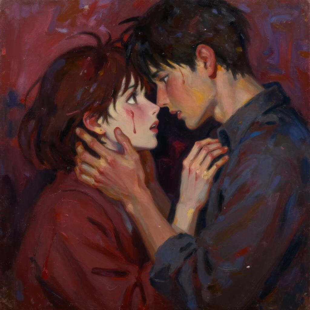 Intense Oil Painting of Lovers' Emotional Connection