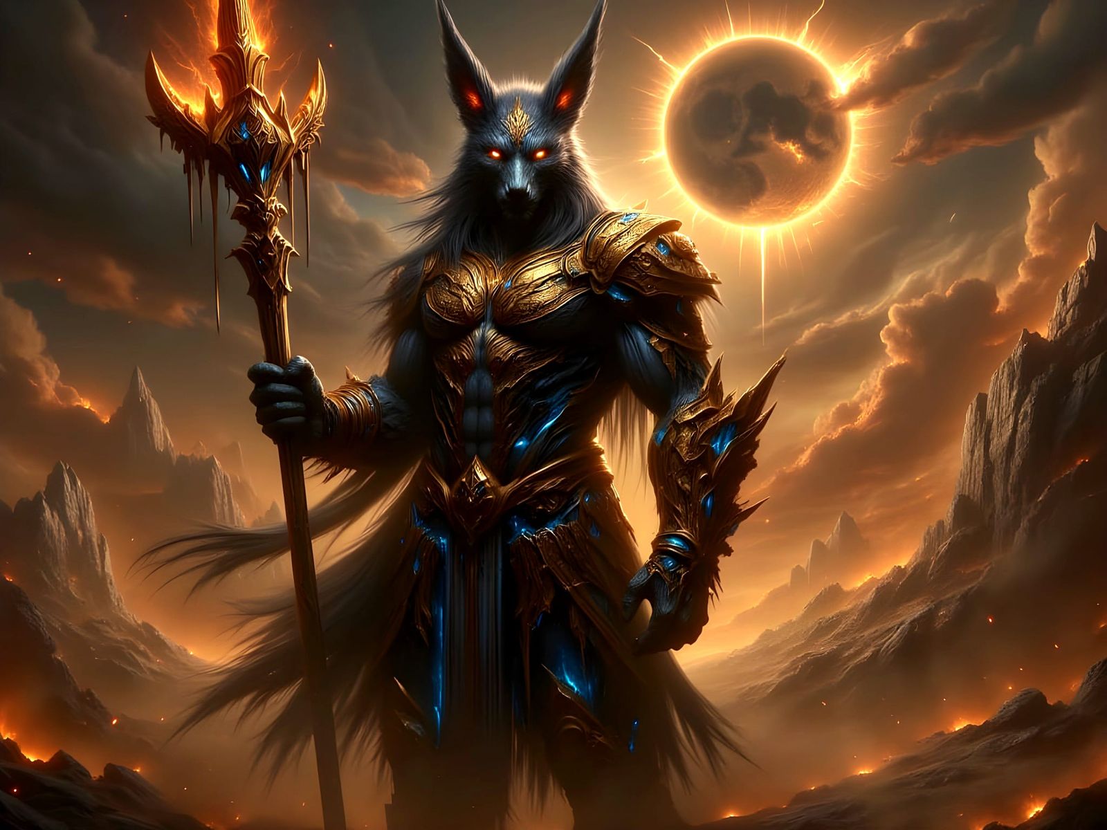 Epic Jackal-Headed God-Warrior in Desert Battlefield