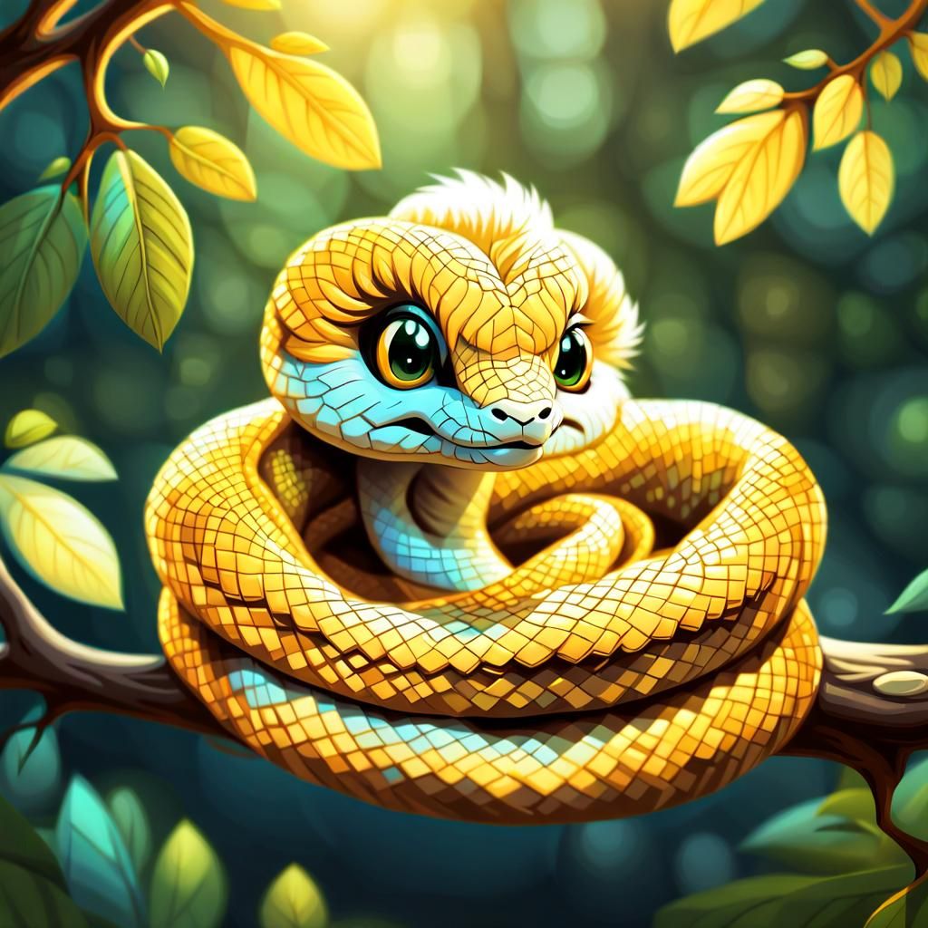 Furry Baby Snake Coiled on Branch: Digital Illustration