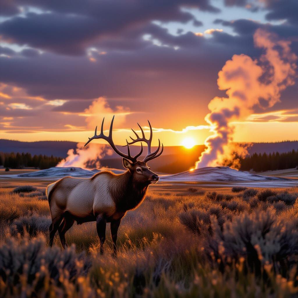 Majestic Bull Elk in Yellowstone At Sunset