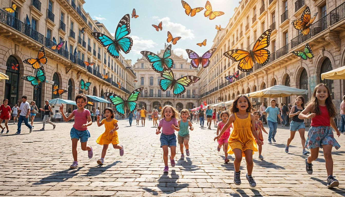 Whimsical City Scene with Colourful Butterflies and Children