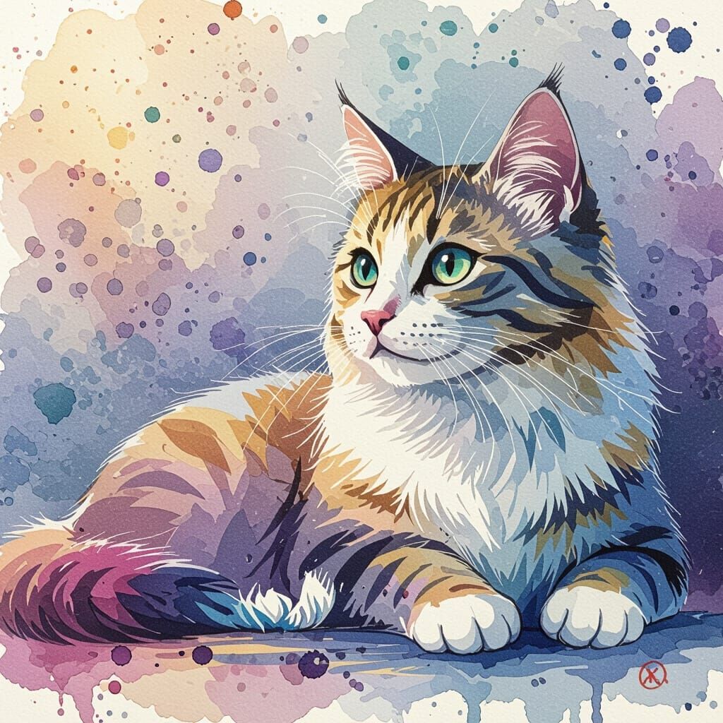 Whimsical Cat in Ink Drop Painting