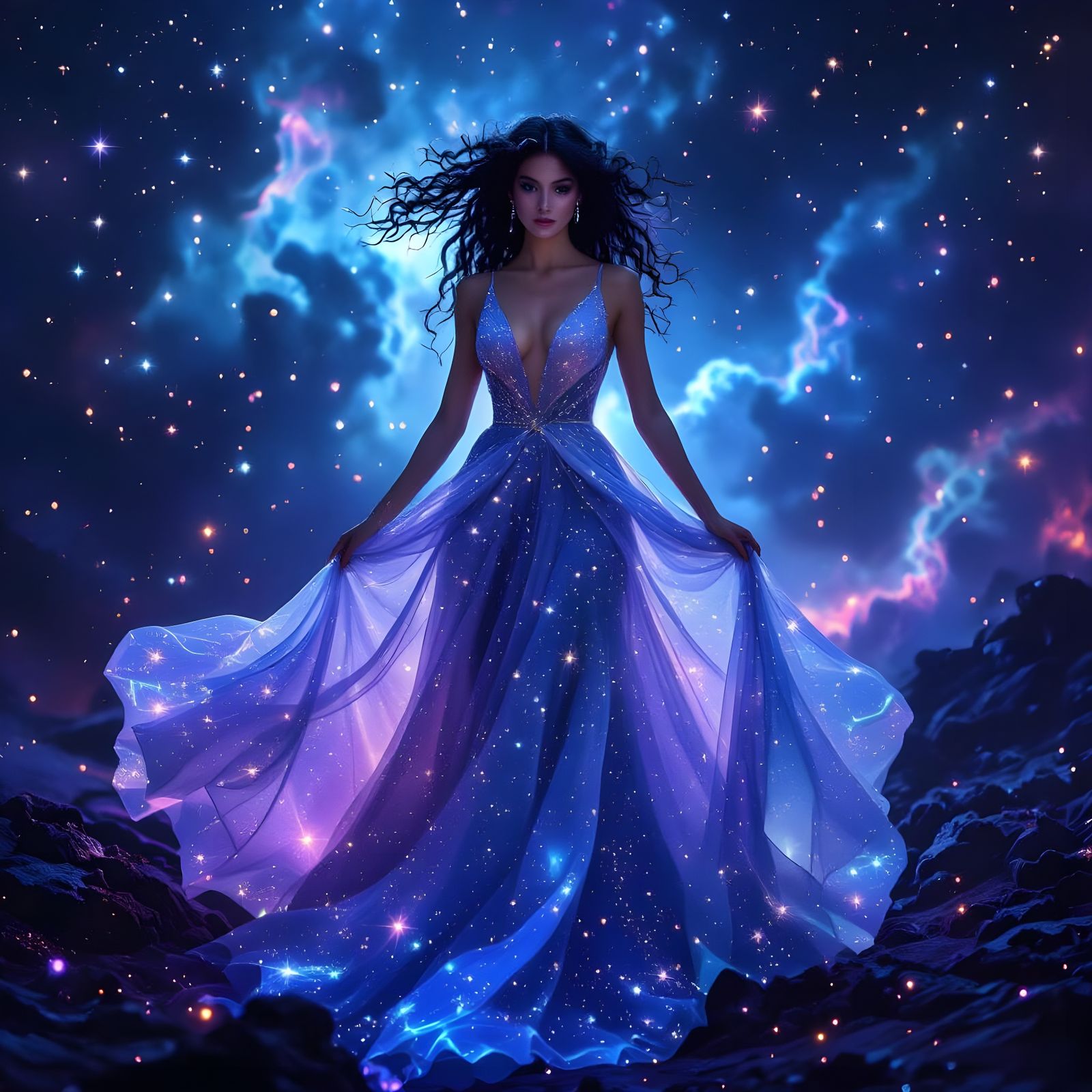 Starlight Woman in Nebula with Cosmic Horror Aesthetic