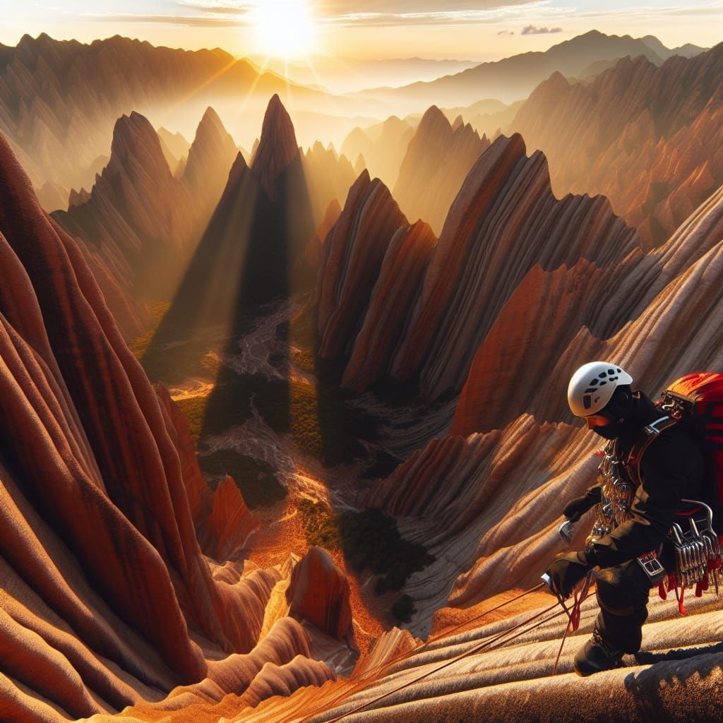 Climber Ascends Yangyuanshi in Danxia Mountains at Sunset