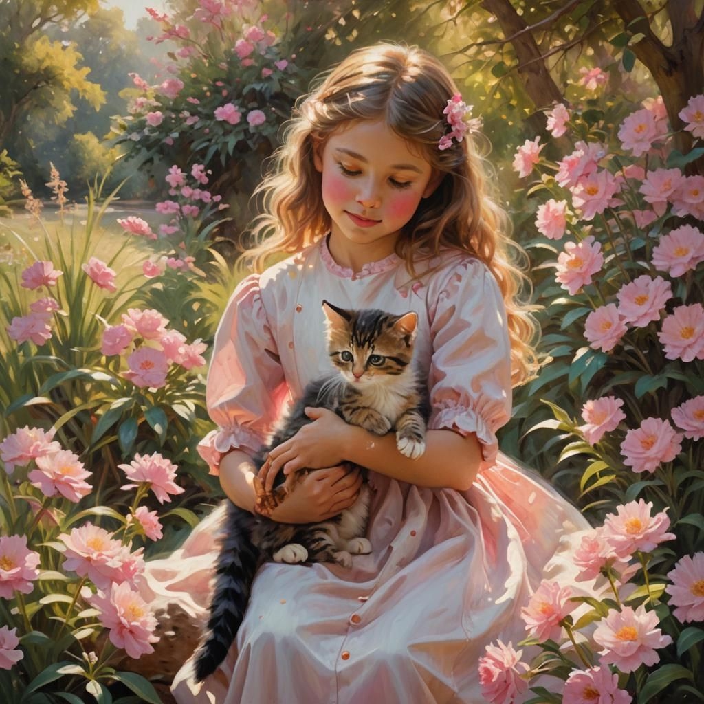 Girl with Kitten in Sunlit Garden: Romantic Oil Painting