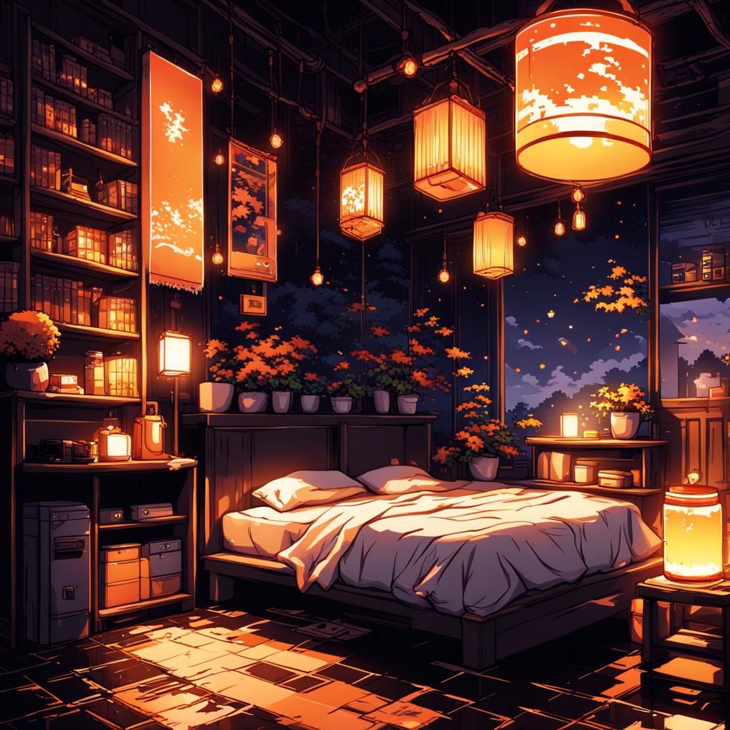 8-Bit Pixel Bedroom with Autumnal Anime Design