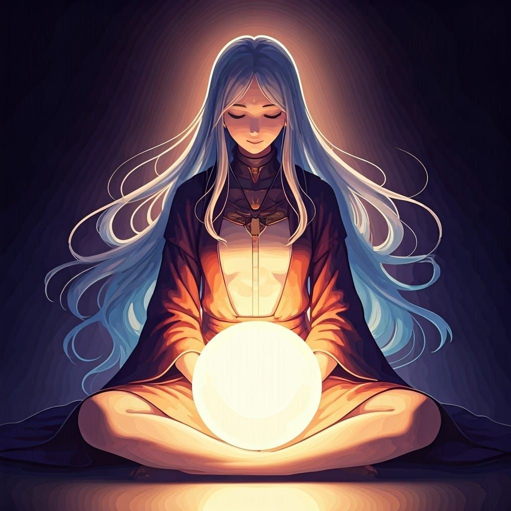 Serene Anime Woman Meditates in Ethereal Mist