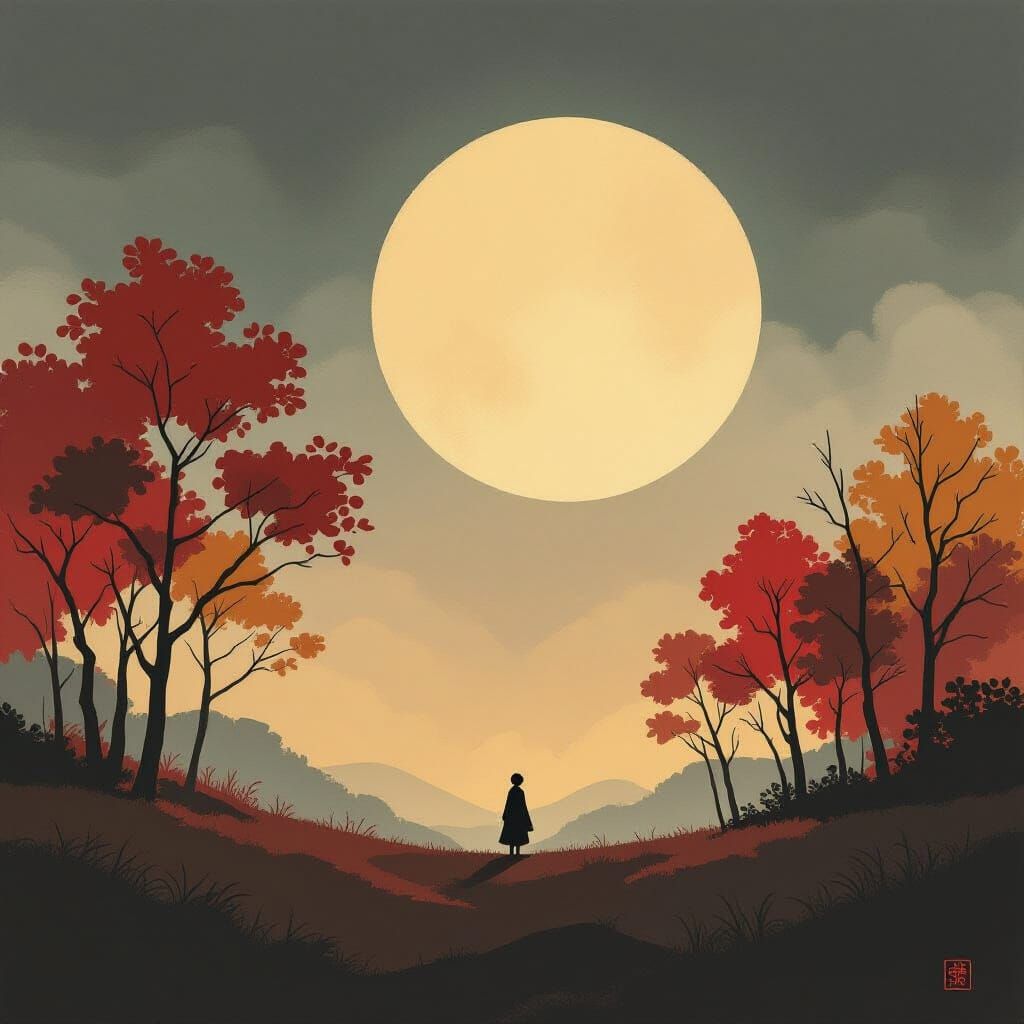 Whimsical Autumn Twilight Landscape with Lone Figure Under L...