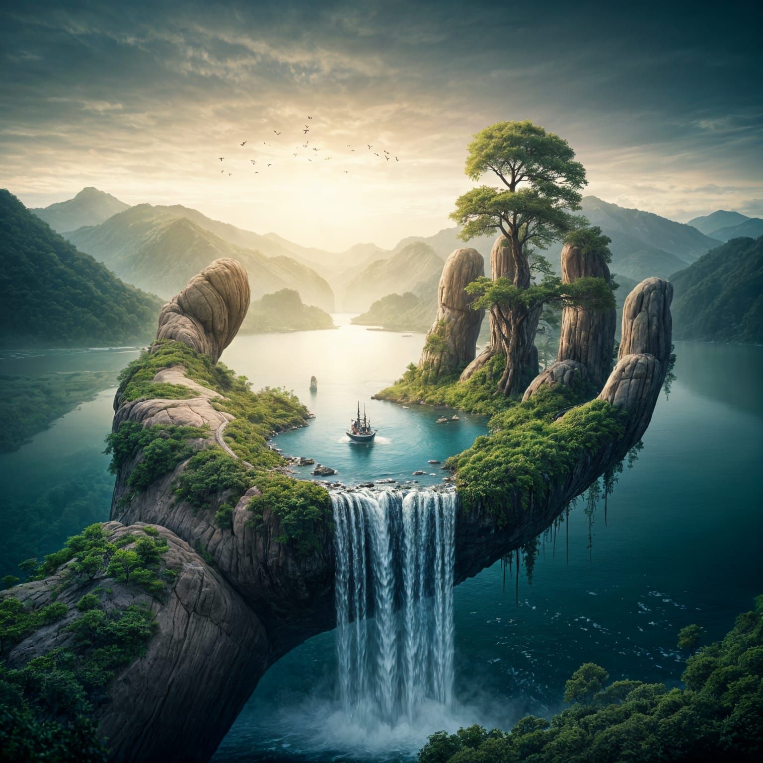 Surreal Landscape with Giant Hand Rising