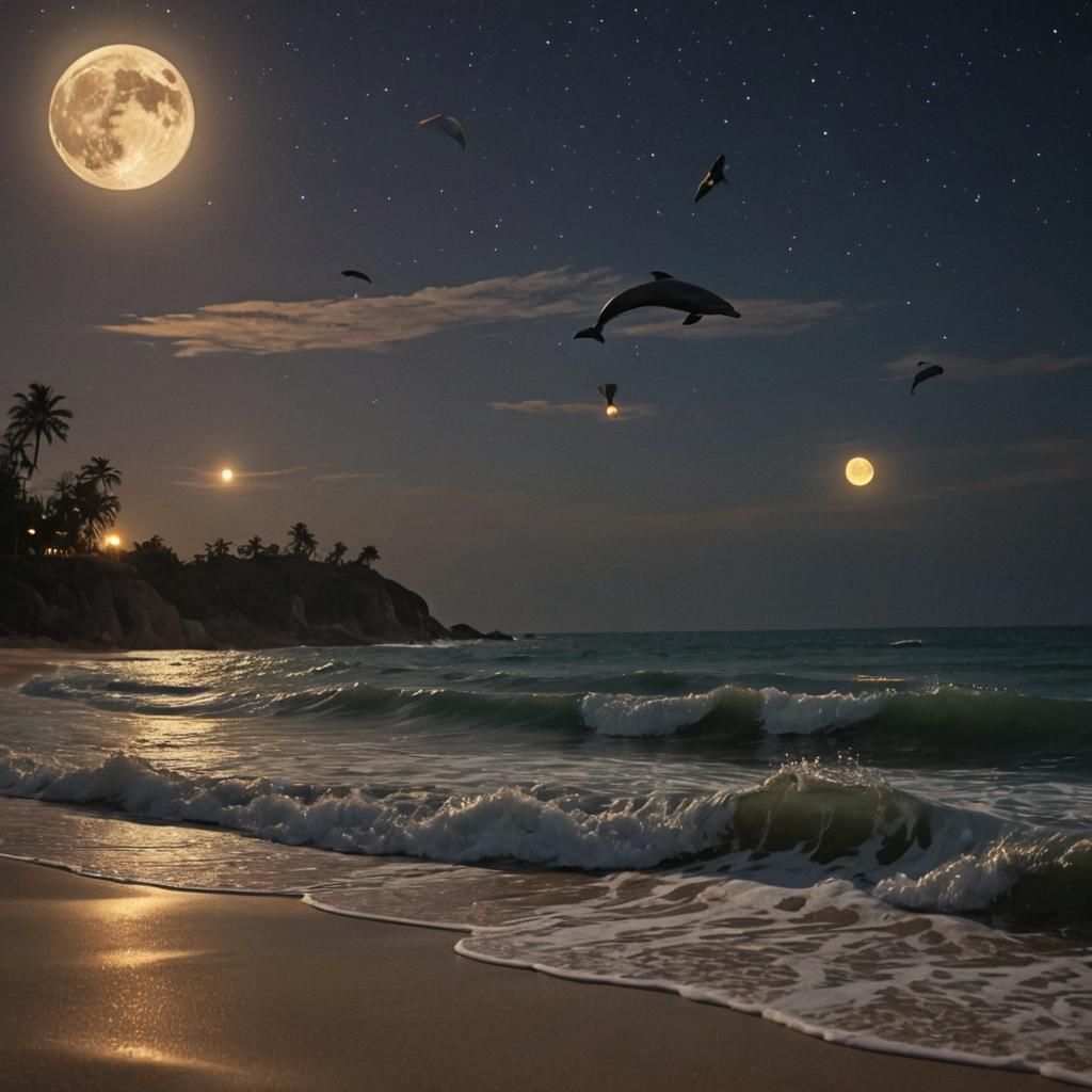 Moonlit Beach Dolphins at Midnight: Fantasy Concept Art