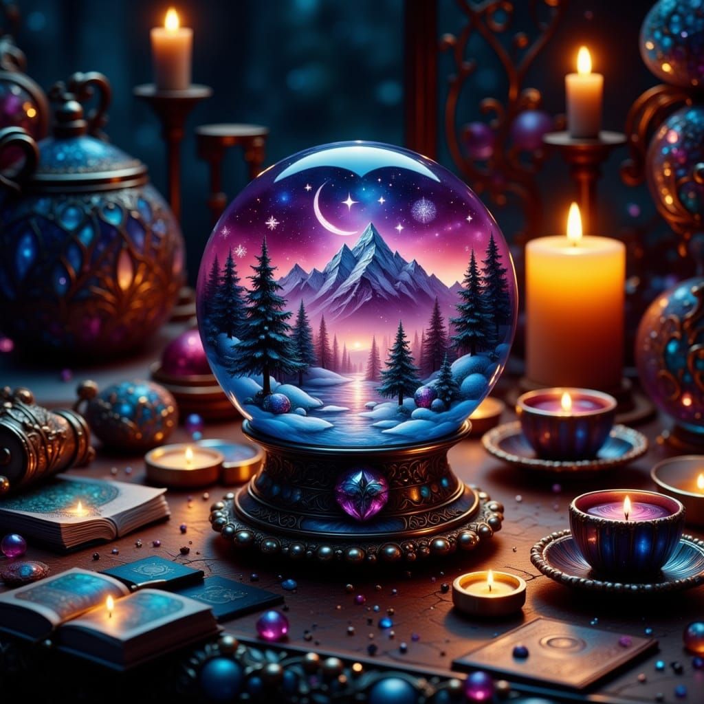 Mystical Crystal Ball Snow Globe Scene