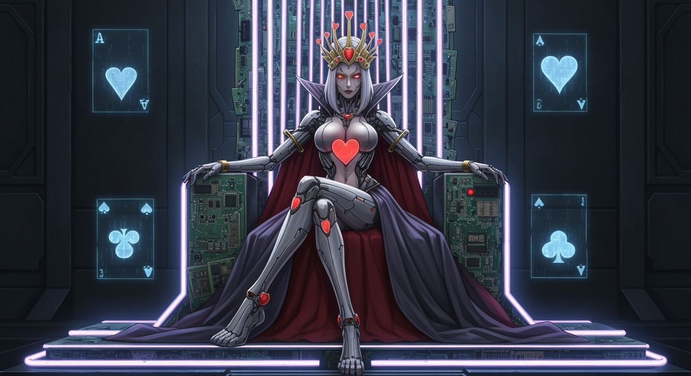 Regal Cyborg Empress Queen of Hearts in Futuristic Throne Ro...
