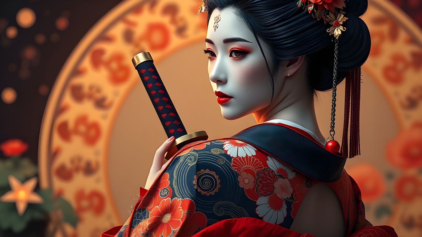 Geisha with Katana: Hyperdetailed Portrait