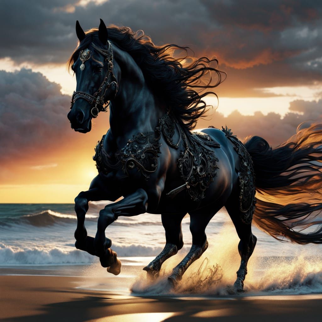 Black Friesian Horse Runs on Windswept Beach