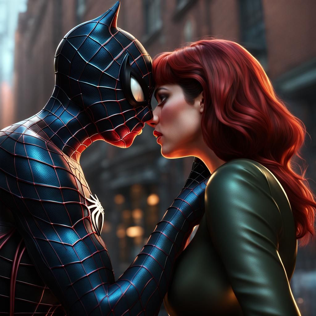Spiderman and Catwoman Kiss: Detailed Matte Painting