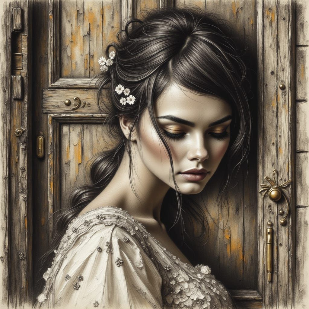 Stylish Woman in Cottage Doorway as Hand Drawn Sketch