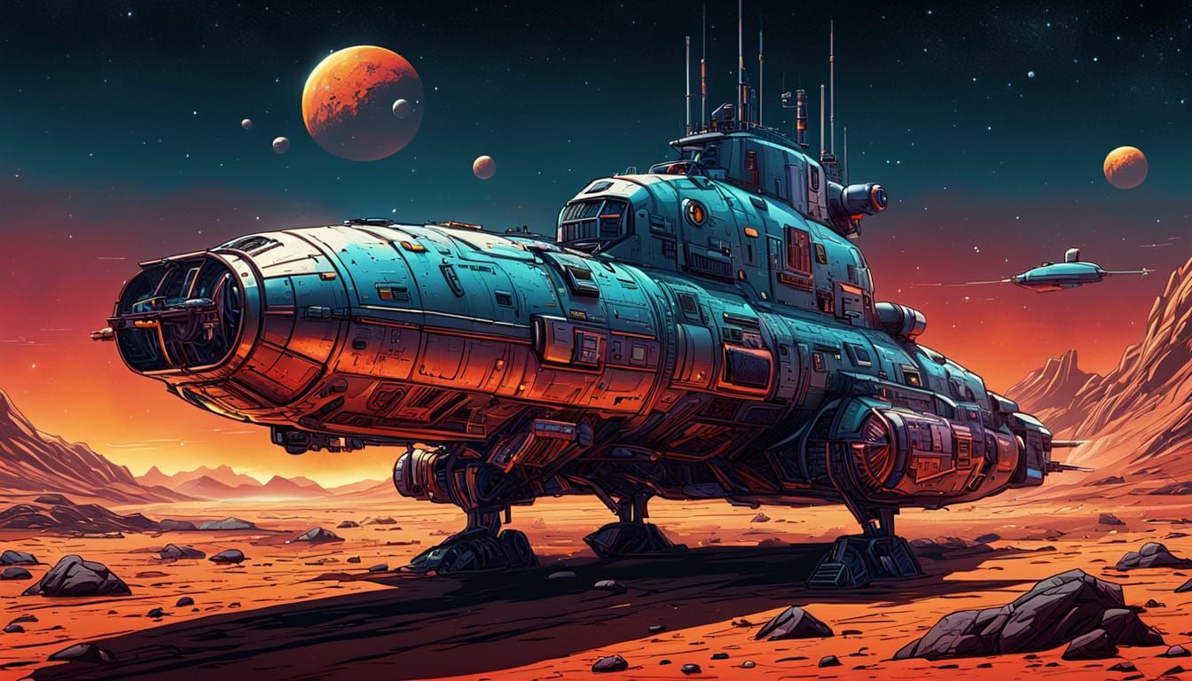 Submarine Lands on Mars in Comic Book Style
