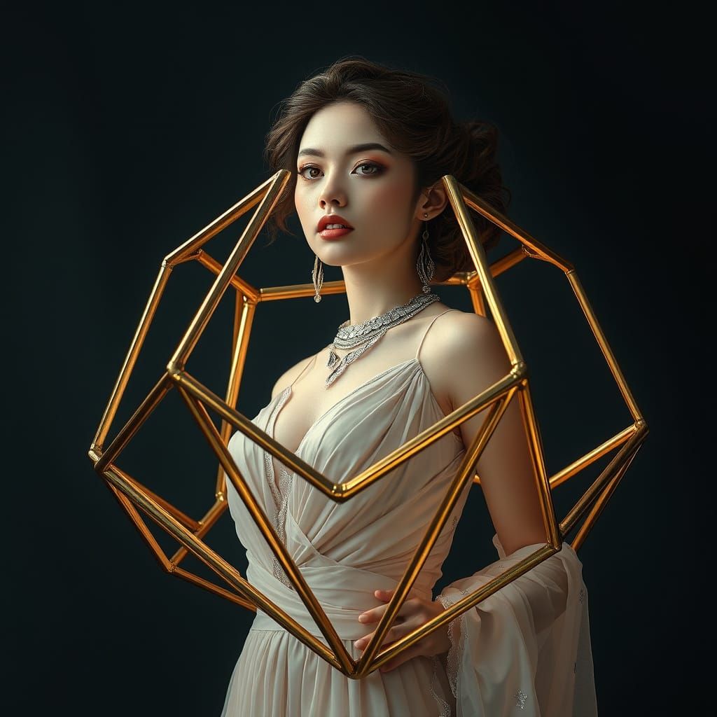 Woman Trapped in Golden Octahedron, Hyperrealistic Style
