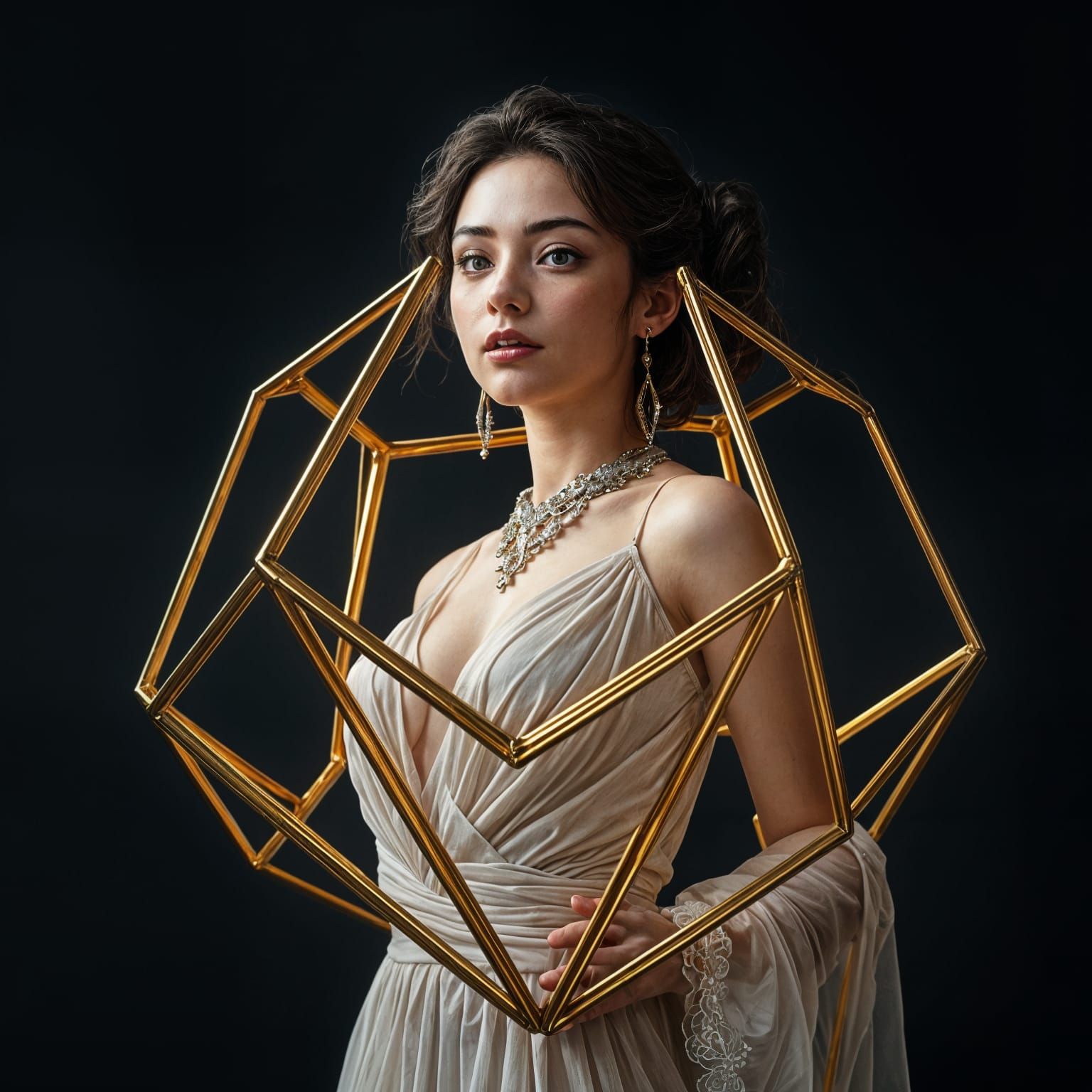 Woman Trapped in Golden Octahedron, Hyperrealistic Style