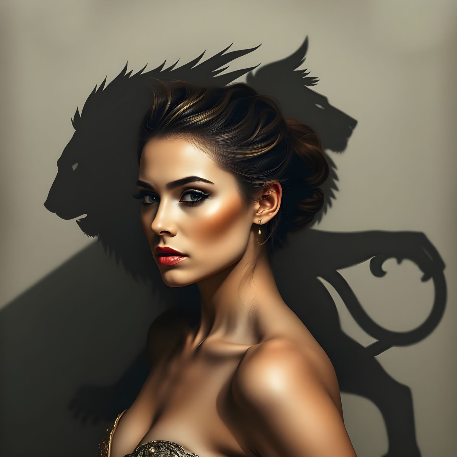 Surreal Portrait of a Woman with a Lioness Shadow
