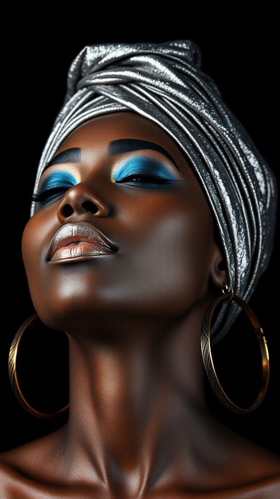 Elegant Woman with Metallic Headwrap and Dramatic Makeup
