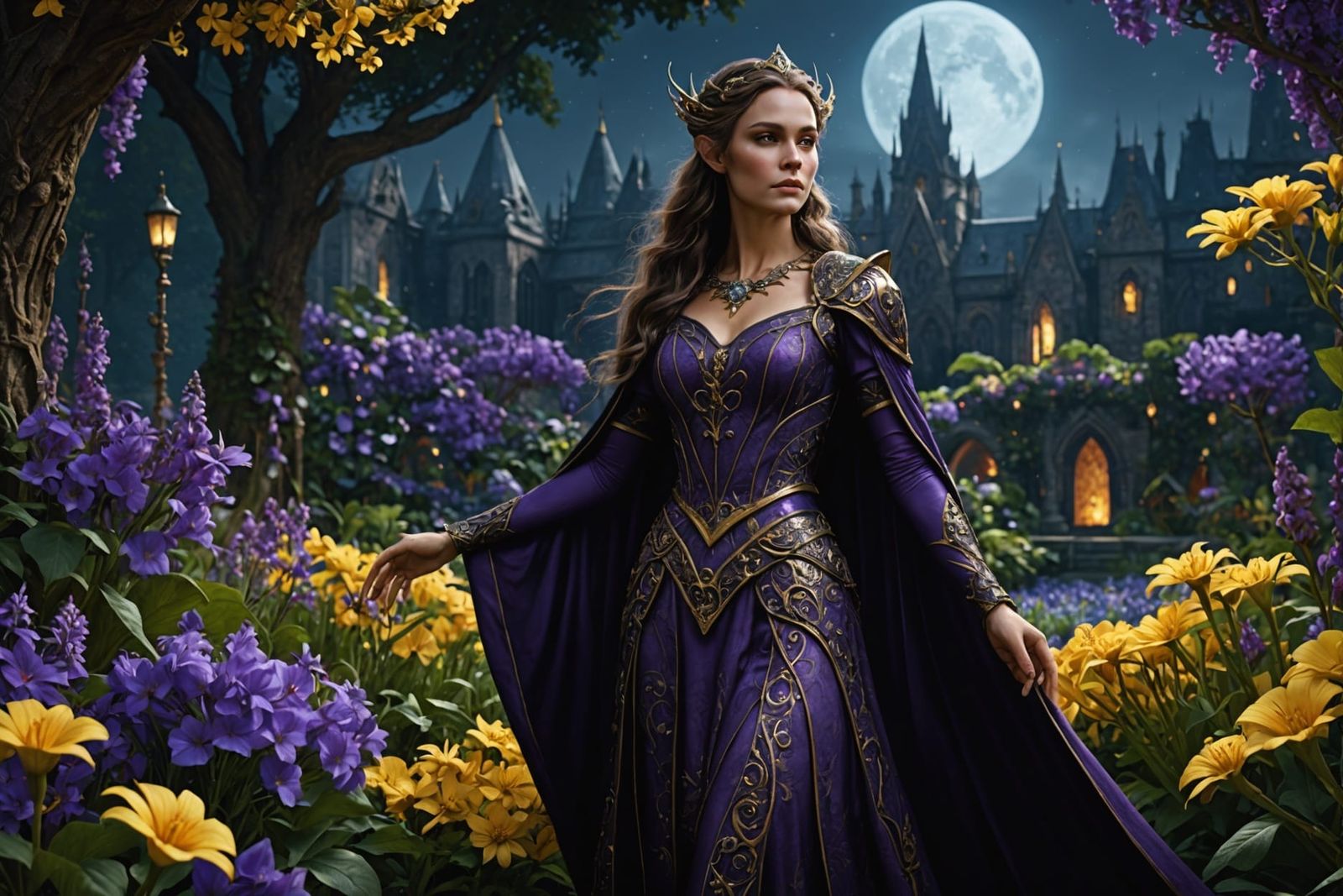 Dark Elven Maiden in Moonlit Garden, Hyperdetailed Art