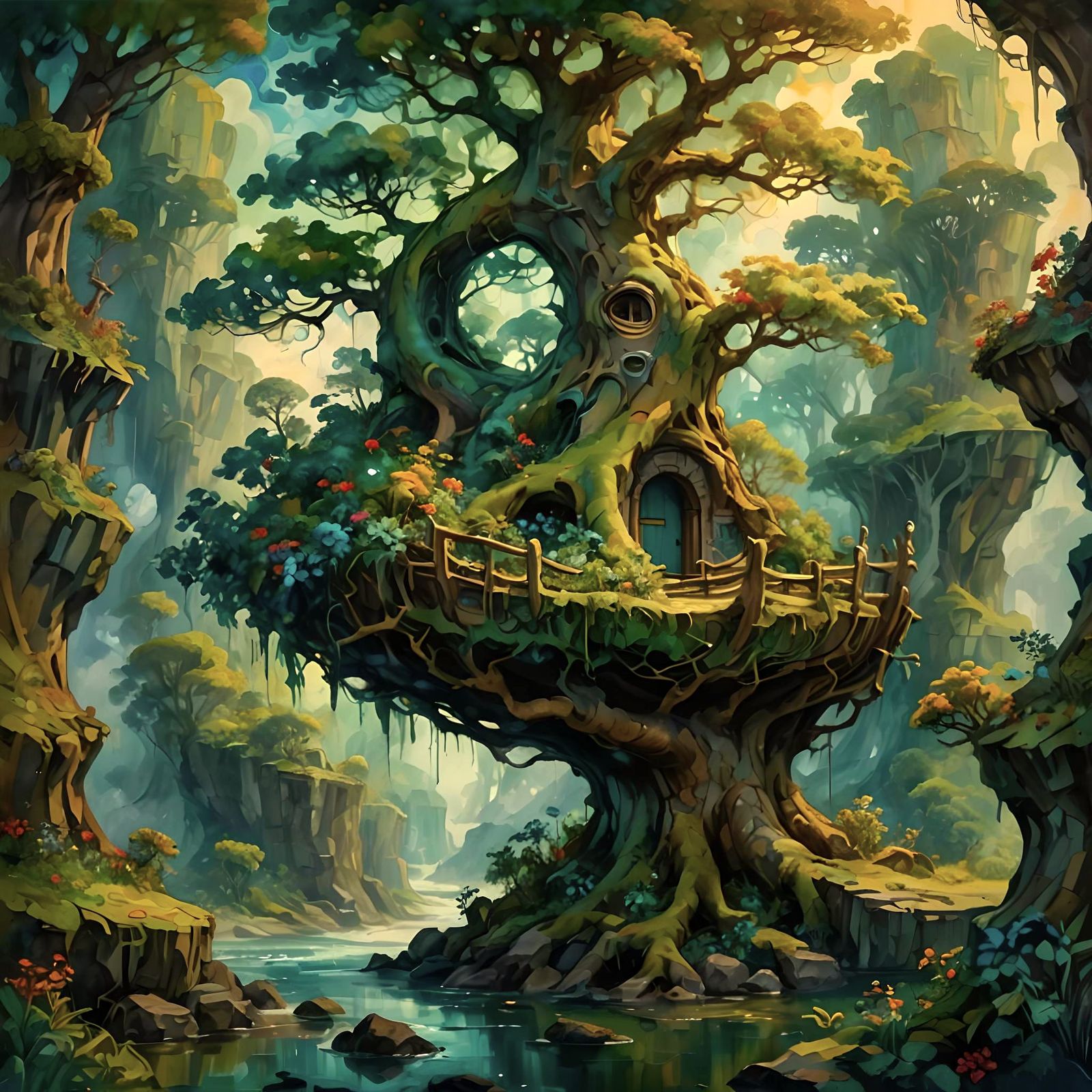 Gaea's Cradle: Abstract Oil Painting in Gouache Style