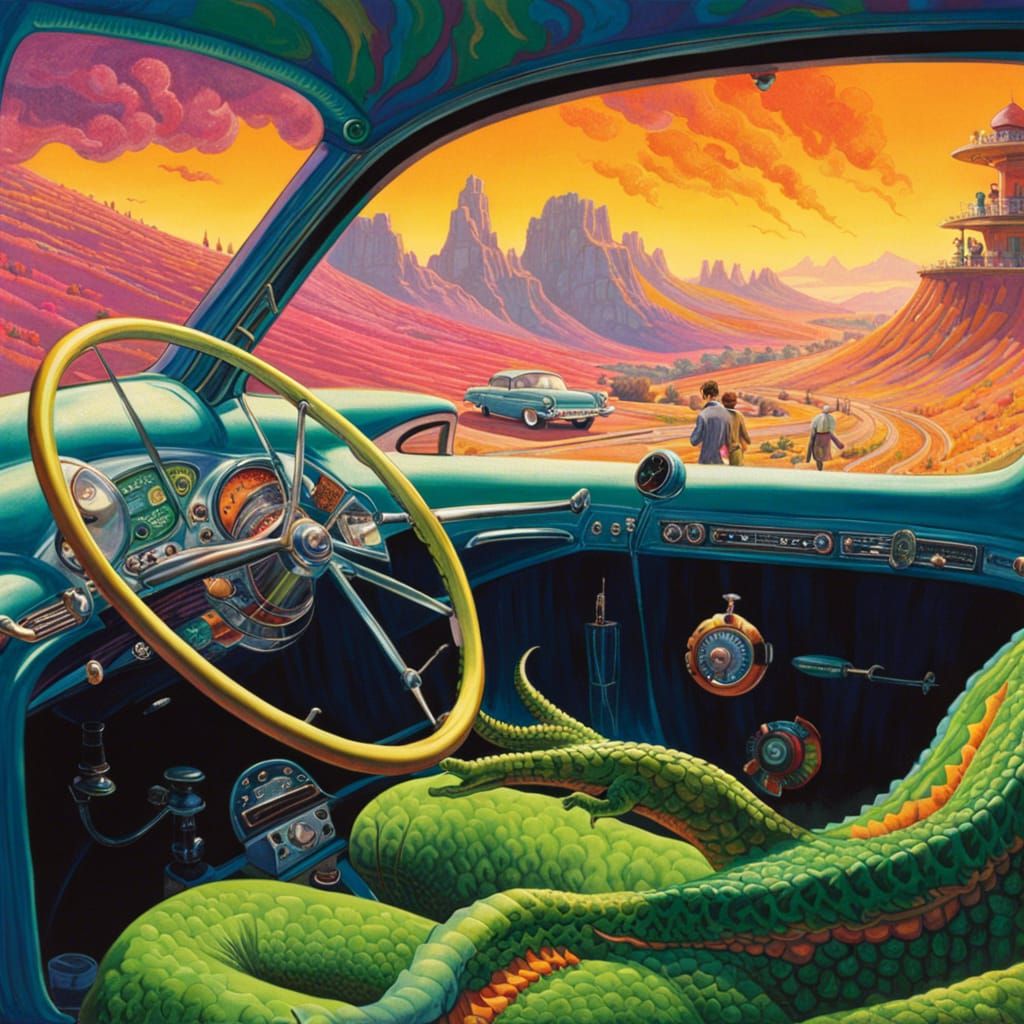 Reptilian in Retro Car, Sci-Fi Art Style