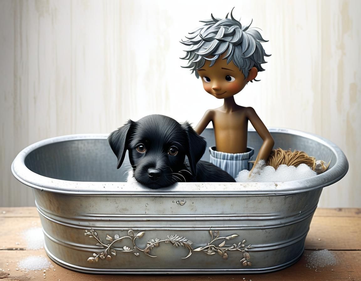 Boy Bathes Dog in Tub: Intricate Vintage Illustration