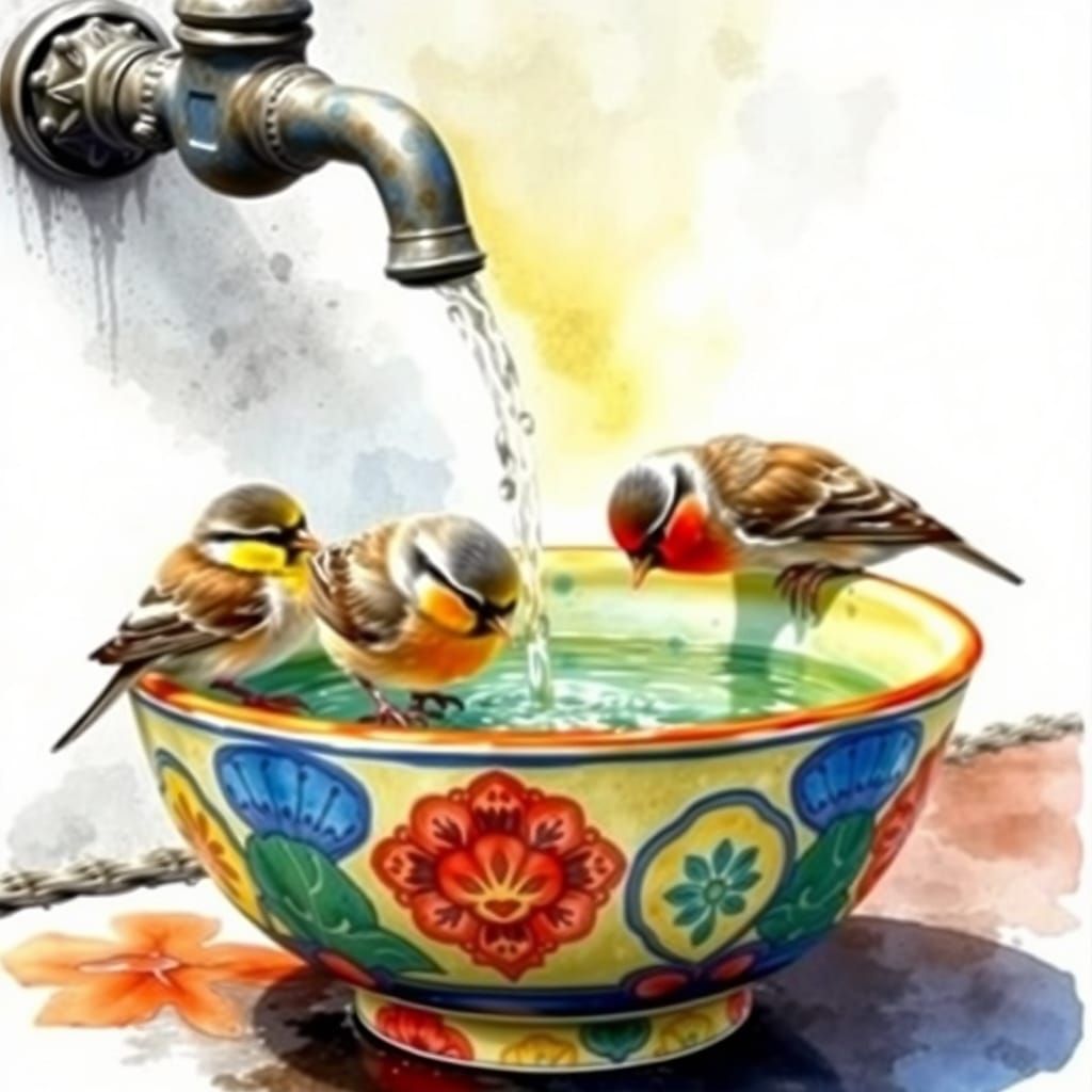 Colorful Birds Enjoy Refreshing Outdoor Tap