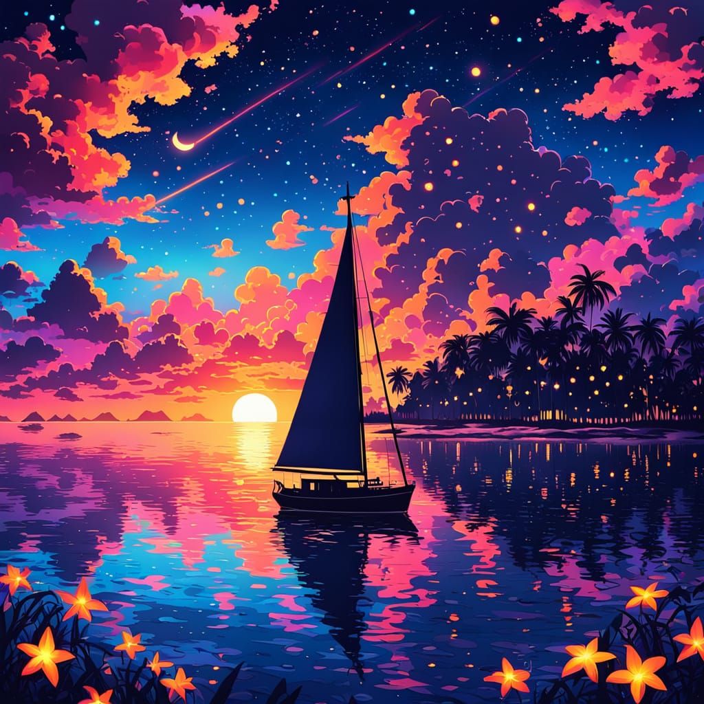 Neon Tropical Sunset with Cloud Face